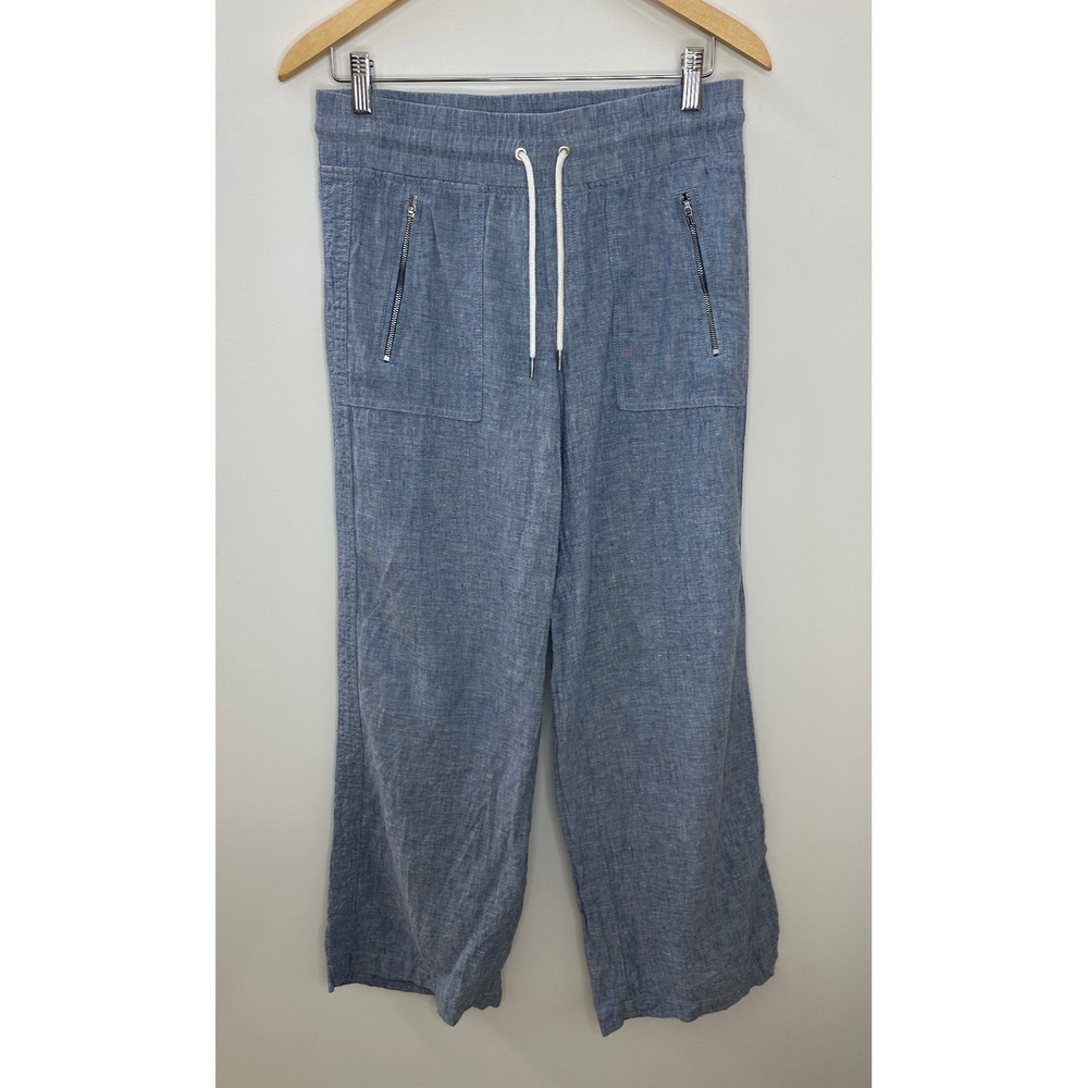 Athleta Cabo Linen Wide Leg Pants Chambray Blue Resort Beach Zip Pockets Size 4 - Picture 15 of 15